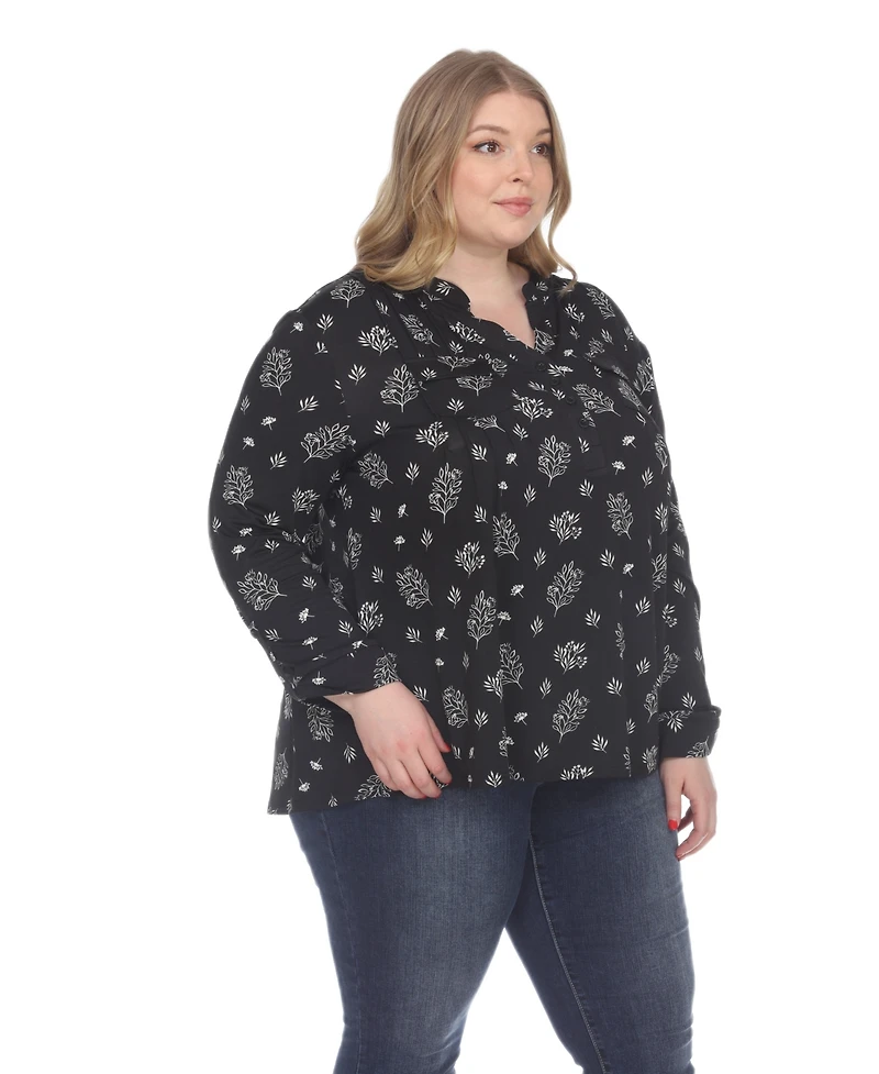 White Mark Plus Printed Long-Sleeve Button-Front Top