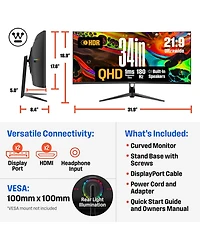 Westinghouse 34" Curved Ultrawide Gaming Monitor, 180Hz, Qhd 3440x1440, Amd FreeSync, 2xDP & 2xHDMI