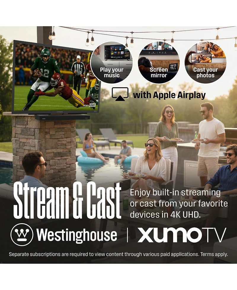 Westinghouse 55" 4K Outdoor Tv, 700+ Nits Bright Display, Anti-Glare, Xumo Smart Tv, Weather-Resistant