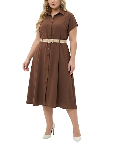 Ny Collection Plus Short Sleeve Button Front Belted A-Line Dress