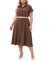 Ny Collection Plus Short Sleeve Button Front Belted A-Line Dress
