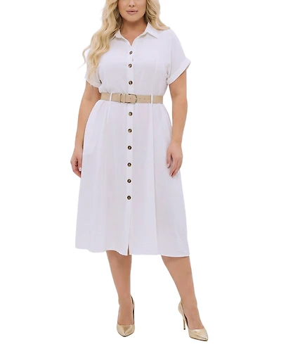 Ny Collection Plus Short Sleeve Button Front Belted A-Line Dress