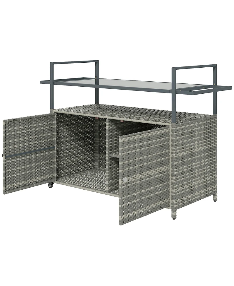 flynama Wicker Outdoor Bar Cart with 2-Tier Shelf and Cabinet