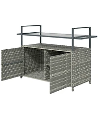 flynama Wicker Outdoor Bar Cart with 2-Tier Shelf and Cabinet