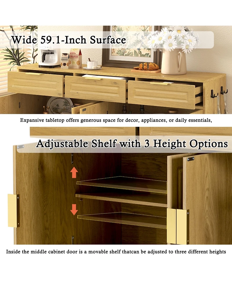 Rainsken Farmhouse Buffet Cabinet with 3 Drawers and 4 Doors, Storage Sideboard with Adjustable Shelf and Open Shelves for Dining Room, Living Room