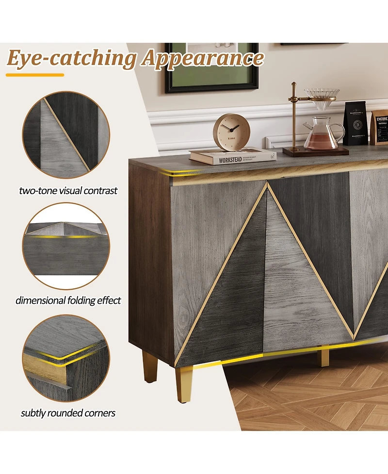 Rainsken 60 Retro Buffet Cabinet 4 Door Sideboard Cabinet with Dimensional Effect Doors and Adjustable Shelves for Kitchen Living Room