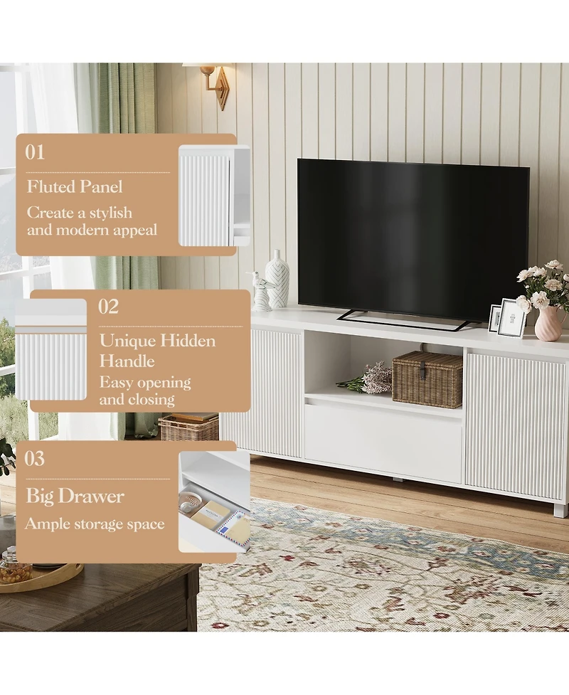 homfan Modern Fluted Tv Stand with Storage Drawer and Cabinets