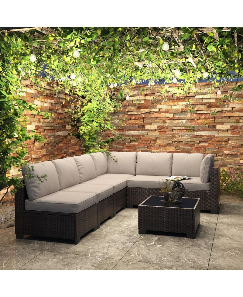 homfan 7-Piece Outdoor Patio Furniture Set with Pe Rattan Sectional Sofa, Thick Cushions and Glass Top Coffee Table