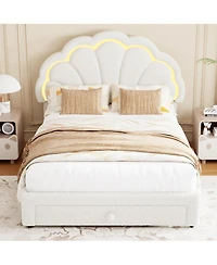 homfan Upholstered Platform Bed Frame with Led Petal Headboard and Storage Drawer, Kids Wood Slat Support