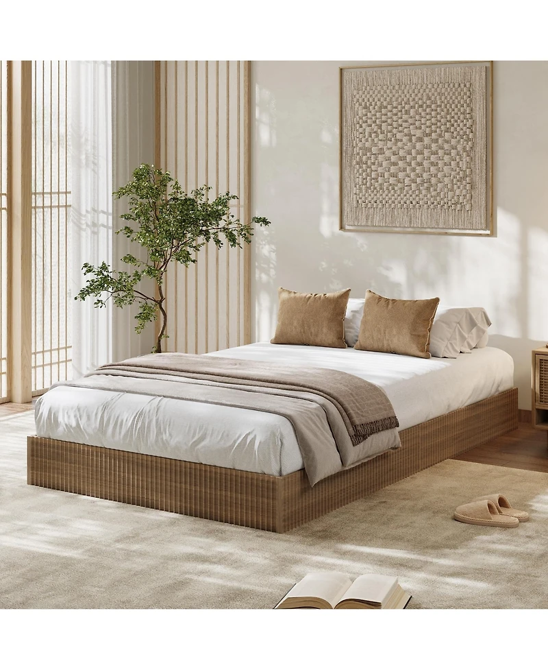 homfan Wood Platform Bed Frame with Fluted Design, Low Profile Bed, Quiet Slat Support