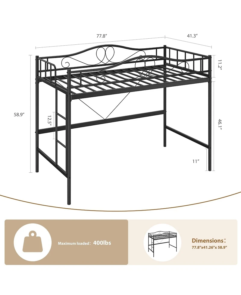 homfan Metal Loft Bed with Ladder and Full Guardrails, Space-Saving Frame Under-Bed Clearance, No Box Spring Needed