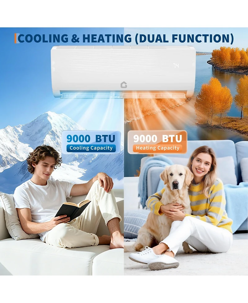 Xo 9000 Btu Mini Split Ac and Heat Pump, 19 SEER2 Inverter Ductless System, Cools 450 Sq. Ft, Pre-Charged Kit, Ultra-Quiet