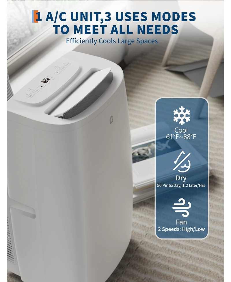 Xo 14,000 Btu Portable Ac, 3-in-1 Cooling, Fan and Dehumidifier, Sleep Mode, Led Display, Remote, Handles and Wheels