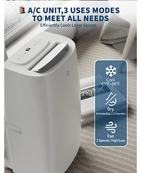 Xo 14,000 Btu Portable Ac, 3-in-1 Cooling, Fan and Dehumidifier, Sleep Mode, Led Display, Remote, Handles and Wheels