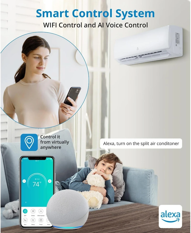 Xo 9000 Btu Mini Split Ac and Heat Pump, 19 SEER2 Inverter, WiFi and Alexa, 115V, Cools 450 Sq. Ft, Installation Kit