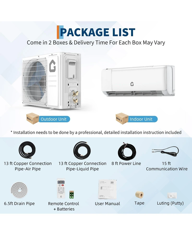 Xo 9000 Btu Mini Split Ac and Heat Pump, 18.5 SEER2 Inverter, WiFi and Alexa, Cools 450 Sq. Ft, Installation Kit