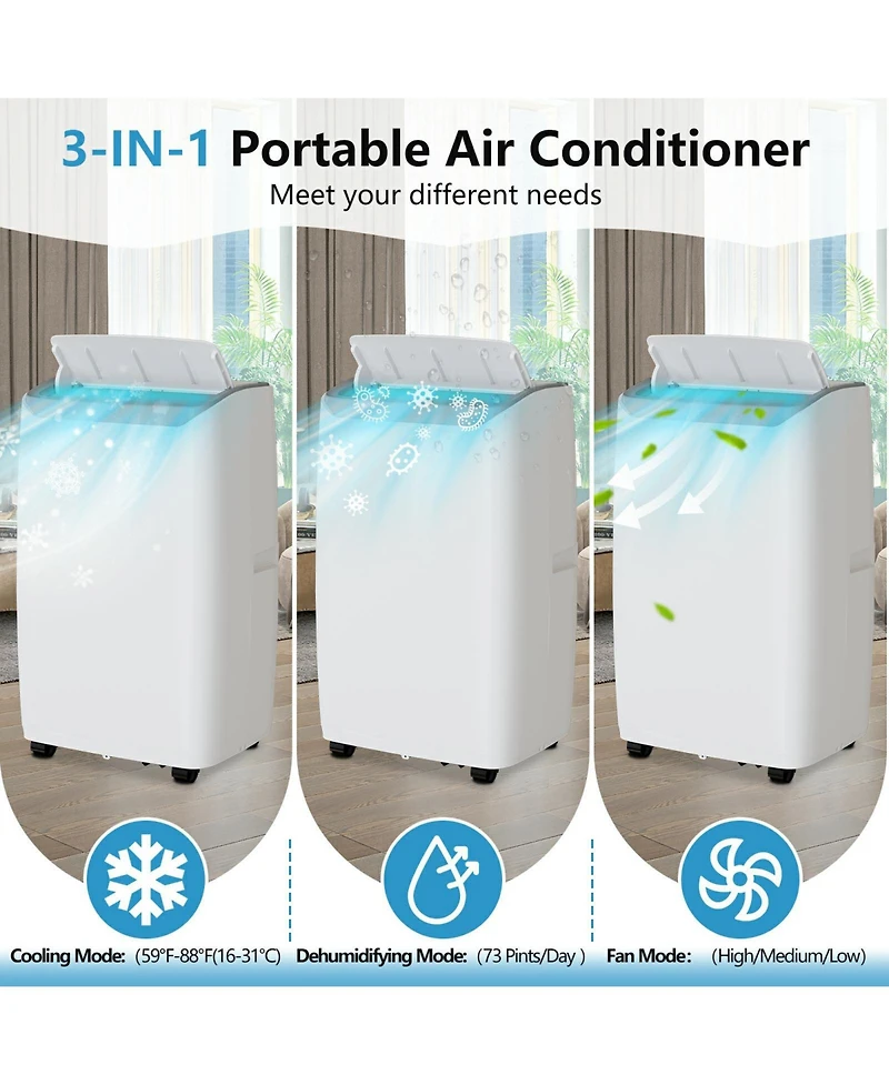 Xo 3-in-1 12,000 Btu Portable Air Conditioner with Dehumidifier, Fan, Remote, Sleep Mode, 24H Timer Cools up to 550 Sq.Ft.