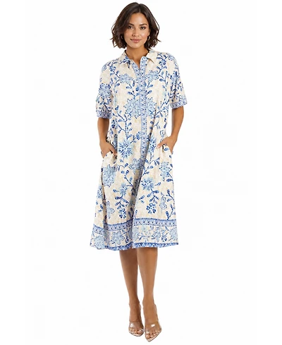La Moda Clothing Women's Club Blue Floral Button-Front Shirt Dress