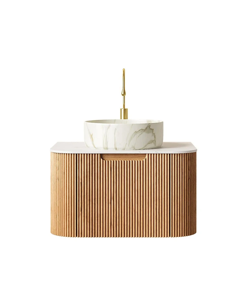 Sillysis Wall Mounted Bathroom Vanity with Sintered Stone Top, Round Ceramic Basin, Soft Close Drawer, Pre-assembled