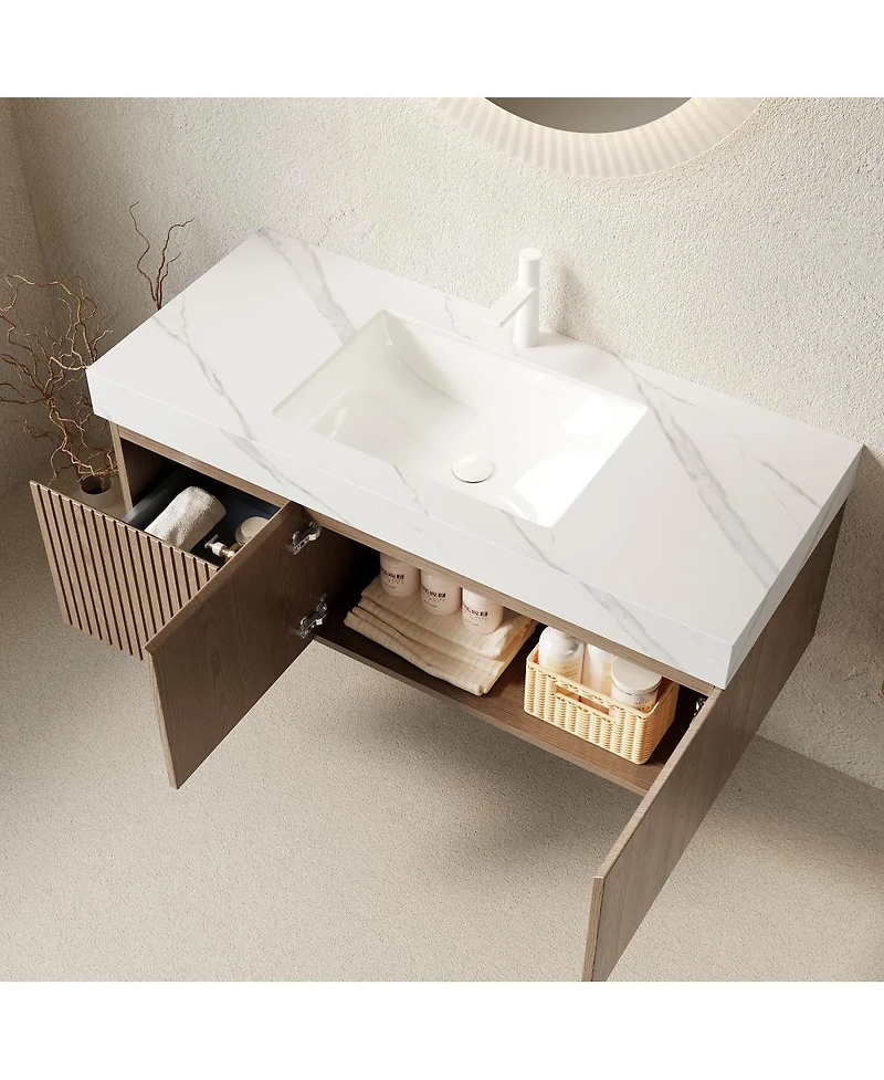 Sillysis Wall Mounted Bathroom Vanity, Sintered Stone Top, Carrara Ceramic Sink, Soft Close Cabinet