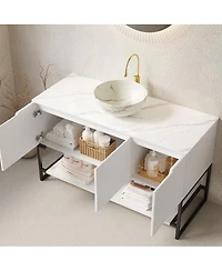 Sillysis 47.6 Inch Freestanding Bathroom Vanity with Ceramic Basin, Sintered Stone Countertop , Soft Close Door and Open Shelf