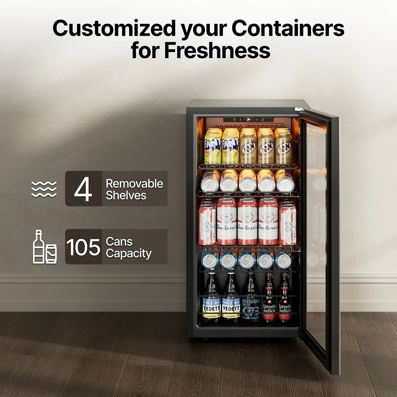 Ca'Lefort Beverage Refrigerator Cooler, 105-Can Mini Freestanding Beverage Fridge with Glass Door for Home or Bar