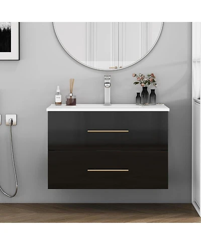Sillysis Wall Mounted Bathroom Vanity with Ceramic Sink, Double Drawers