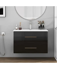 Sillysis Wall Mounted Bathroom Vanity with Ceramic Sink, Double Drawers