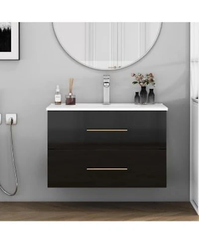 Sillysis Wall Mounted Bathroom Vanity With Ceramic Sink Double Drawers Modern Glossy Cabinet For Small Spaces