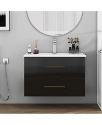 Sillysis Wall Mounted Bathroom Vanity With Ceramic Sink Double Drawers Modern Glossy Cabinet For Small Spaces