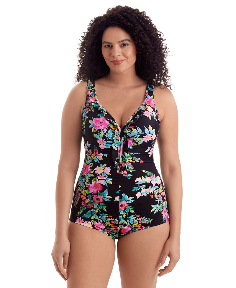 ShapeSolver Women's V-Neck Printed One-Piece Swimsuit