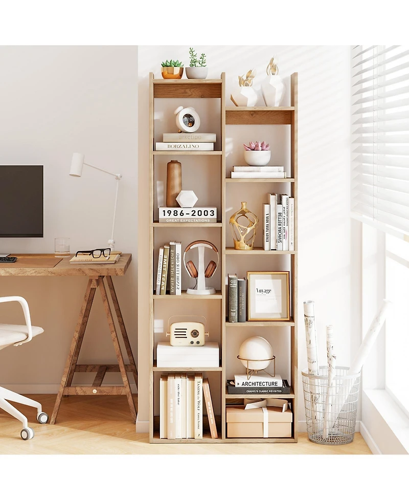 Gymax 11 Tier Bookcase with Anti Tipping Kits Wood Display Shelf Tree Shaped Bookshelf