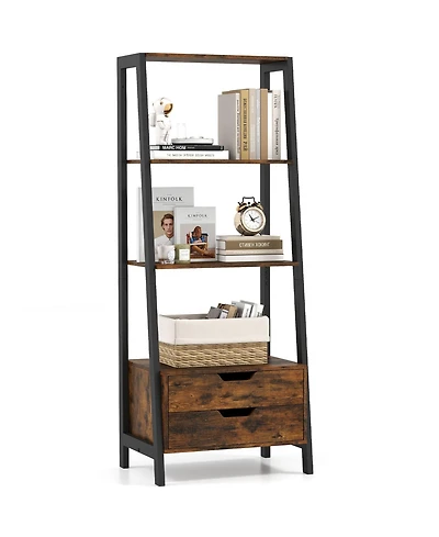 Gymax 4 tier Bookshelf with 2 Storage Drawers Sturdy Metal Frame Anti Toppling Devices
