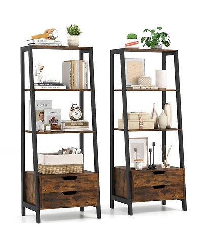 Gymax 2 Piece Bookshelf with Storage Drawers Sturdy Metal Frame Anti Toppling Devices