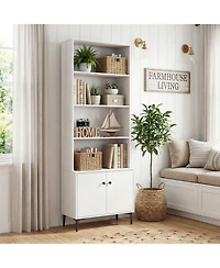 Gymax Bookshelf with Doors 5 Tier Floor Standing Bookcase 2 Anti Tipping Kits