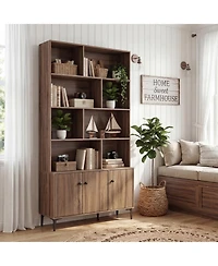 Gymax Bookshelf with Doors 5 Tier Floor Standing Bookcase with 2 Anti Tipping Kits