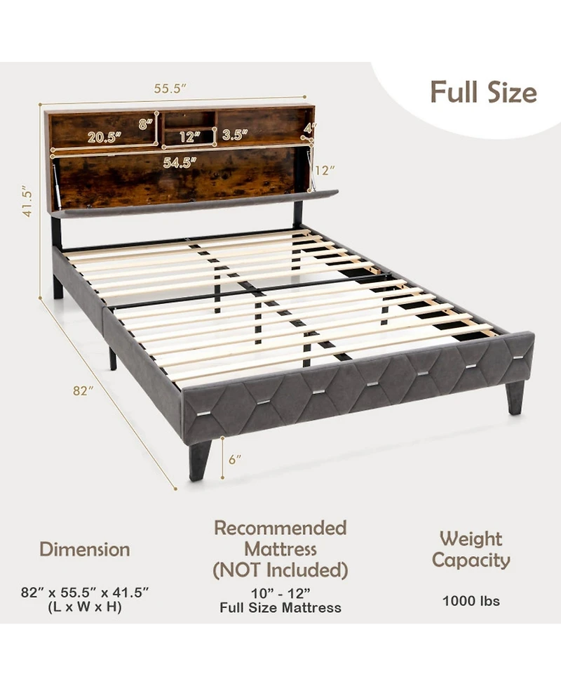 Gouun Full Size Velvet Upholstered Bed Frame with Multi-Compartment Storage Headboard