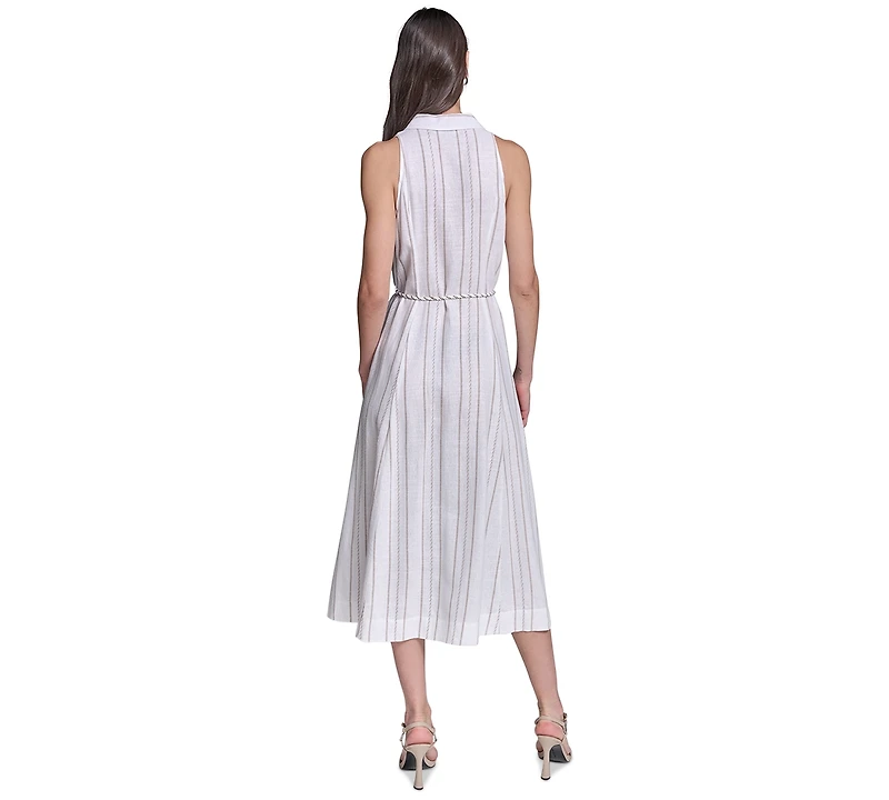 Karl Lagerfeld Paris Women's Striped Linen Midi with Rope Belt Shirtdress