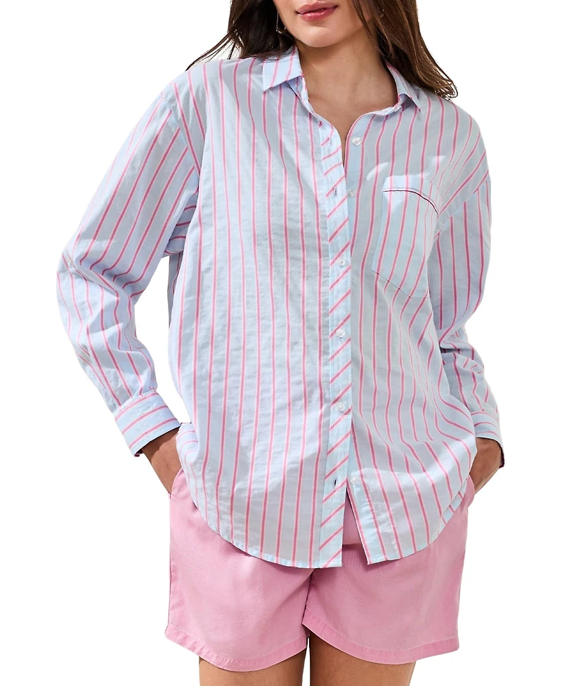 Tribal Women's Poplin Double Stripe Roll-Up Sleeve Button-Front Shirt