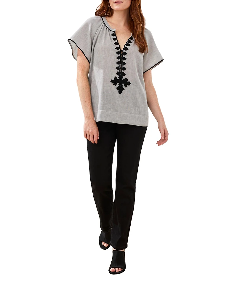Tribal Women's Stripe Textured Short-Sleeve Top with Tape Detail