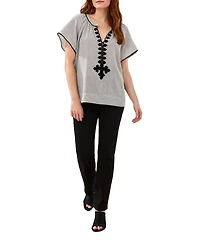 Tribal Women's Stripe Textured Short-Sleeve Top with Tape Detail