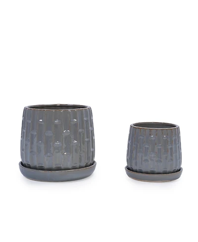 Clihome Handmade Glazed Ceramic Planter Set of 2, Vertical Ribbed Pattern, for Indoor or Outdoor Shelf and Table Use, Breathable Clay with Saucers