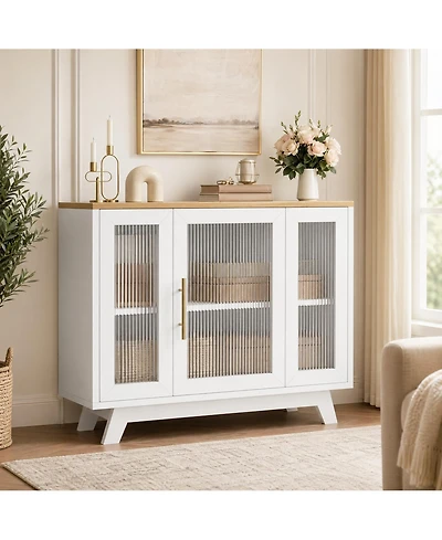 homfan Fluted Glass Door Entryway Cabinet with 3 Drawers and Adjustable Shelf, Modern Chic Storage Console Spacious Top, Easy Assembly
