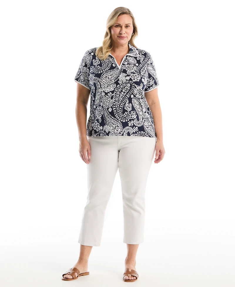 Rafaella Plus Paisley Print Contrast Trim Johnny Collar Short Sleeve Polo Shirt