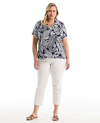 Rafaella Plus Paisley Print Contrast Trim Johnny Collar Short Sleeve Polo Shirt