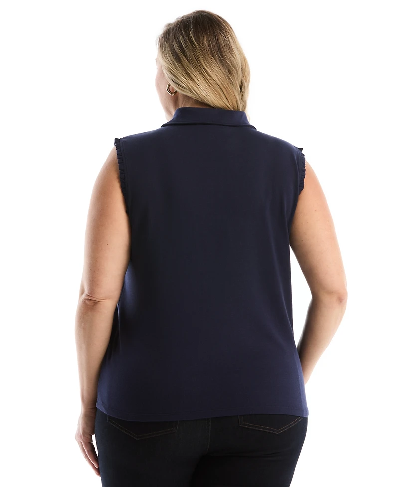 Rafaella Plus Ruffle Trim Sleeveless Polo Shirt