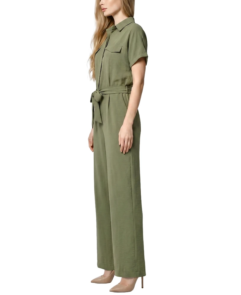 Ny Collection Petite Short Sleeve Belted Jumpsuit