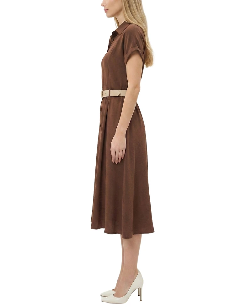 Ny Collection Petite Short Sleeve Button Front Belted A-Line Dress