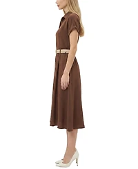 Ny Collection Petite Short Sleeve Button Front Belted A-Line Dress
