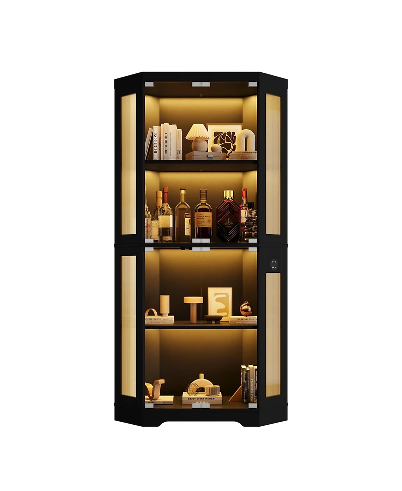 homfan Hexagon Corner Display Cabinet with Tempered Glass Doors, Motion Sensor Led Lighting and Built-In Usb/Usb-c Charging Ports